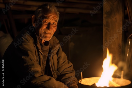 old man near firelight with a mysterious smirk