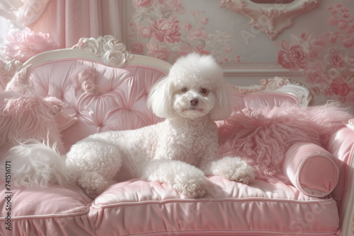 Fluffy white poodle in glamorous pink room. Adored pet. Fluffy purebred dog lies on the sofa