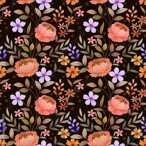 Beautiful flowers design on brown color background seamless pattern. This pattern can be used fro fabric textile wallpaper.