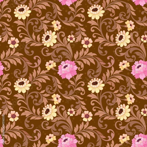 Beautiful ornament flowers design on brown color background seamless pattern. This pattern can be used fro fabric textile wallpaper.