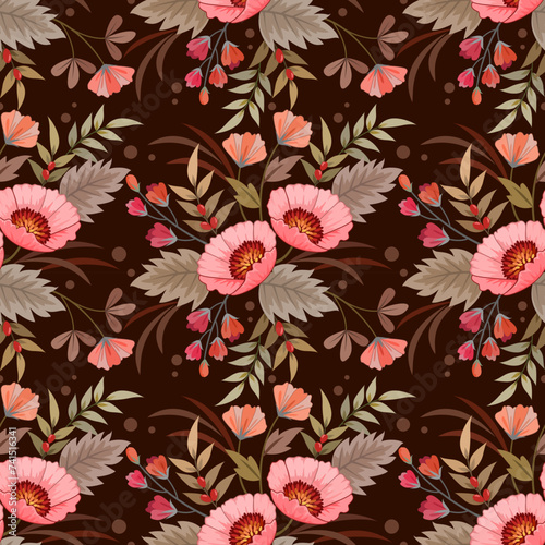 Beautiful flowers design on brown color background seamless pattern. This pattern can be used fro fabric textile wallpaper.