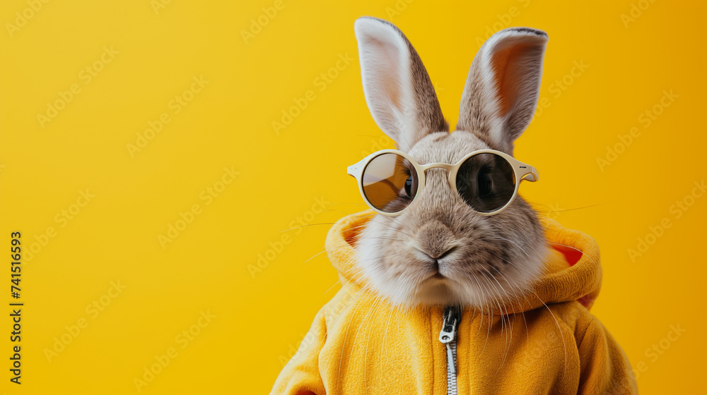 Cool cute easter bunny, rabbit with sunglasses and jogging suit with rabbit ears, isolated on yellow background - obrazy, fototapety, plakaty 