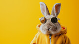 Cool cute easter bunny, rabbit with sunglasses and jogging suit with rabbit ears, isolated on yellow background