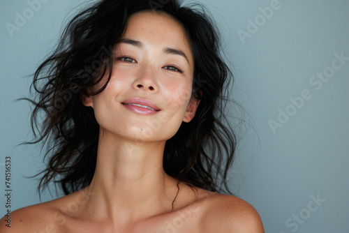 Beautiful Asian woman of middle age posing for beauty portrait. Pretty mature adult lady model from Asia looking at camera smiling on background advertising anti aging skin care. Face skincare . photo