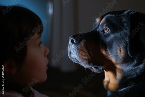 rottweiler beside a teenager, both looking at a thriller film photo