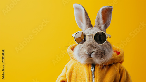 Cool cute easter bunny, rabbit with sunglasses and jogging suit with rabbit ears, isolated on yellow background photo