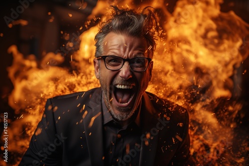 Businessman burning on fire showing emotion of despair and screaming