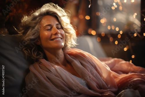 portrait of a happy fresh bautiful senior woman waking up with a smile on her face, concept of old people happines and joy photo