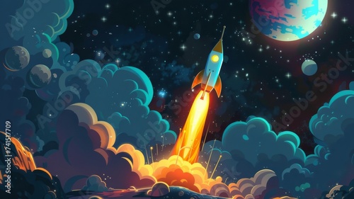 Intergalactic Space Mission Launch - Rocket ascending against a backdrop of distant planets