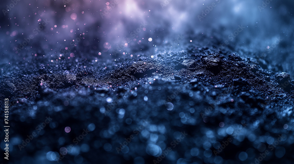 Blue and black macro view of dust. Colourful background. Selective focus. Copy space. Blue and black macro view of dust. Colourful background. Selective focus. Copy space.