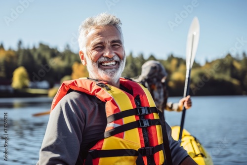 senior man in life jacket holding paddle while kayaking on lake © Nerea