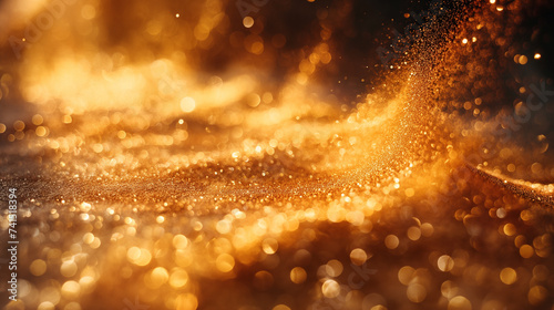 Golden glowing macro dust background. Selective focus. Copy space. Colourful background  photo
