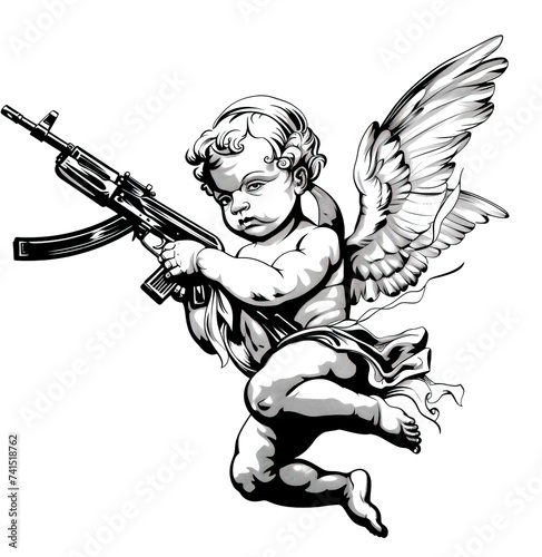 Silhouette of angel holding gun isolated on transparent background. PNG