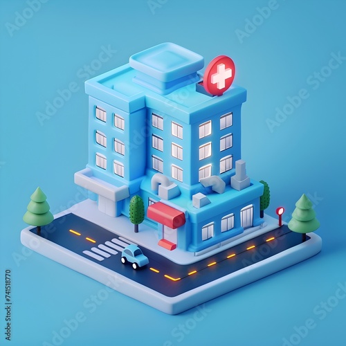 New Hospital Concept Modern 3D Illustration in Blue