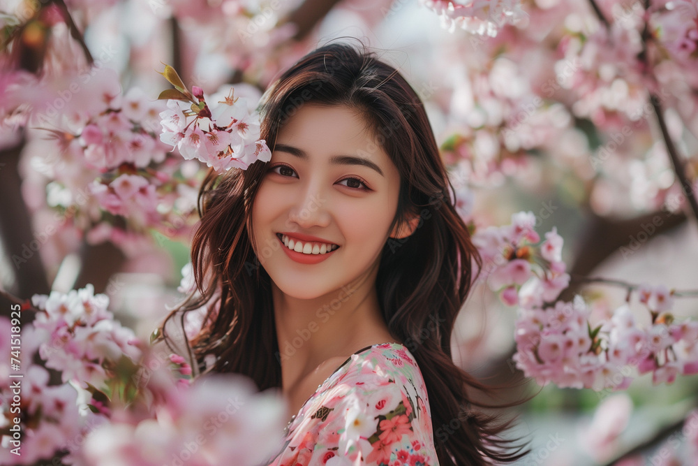 桜と笑顔の女性、春 桜と笑顔の女性、春