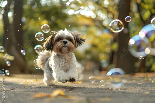 Playful Shih Tzu Running Through Autumn Soap Bubbles in the Park photo