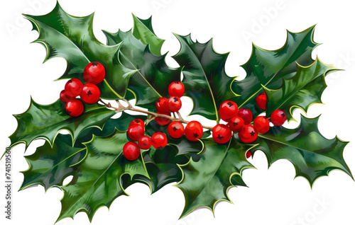 Holly and berries isolated on transparent background. PNG