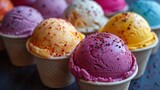 Italian Gelato Temptation: A close-up of colorful gelato scoops in a cone, capturing the temptation and joy associated with indulgent desserts. 