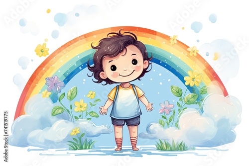 happy child stand under colorful rainbow illustration