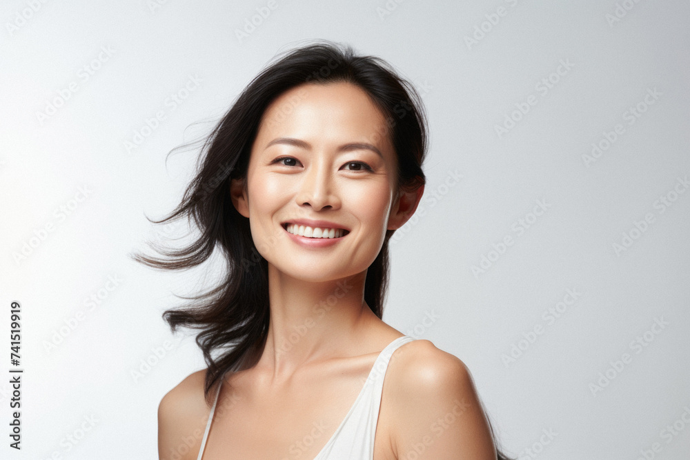Beautiful confident Asian woman of middle age posing for portrait. Pretty mature adult lady model from Asia looking at camera smiling on background advertising products and services. Close up face . Beautiful confident Asian woman of middle age posing for portrait. Pretty mature adult lady model from Asia looking at camera smiling on background advertising products and services. Close up face .