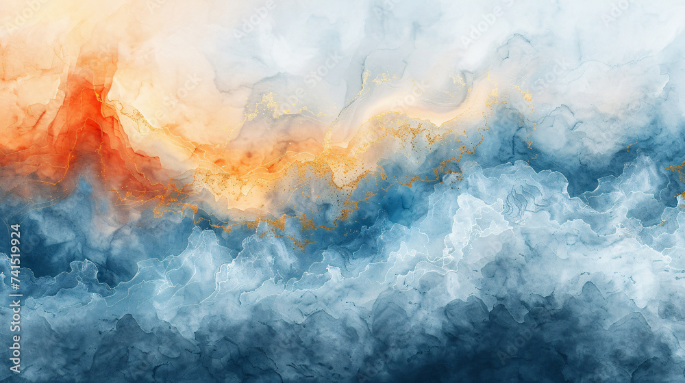 abstract watercolor painting with gold, orange and blue, in the style of ethereal cloudscapes, marble, dark white and light azure, fluid and loose, minimalist backgrounds, light sky-blue and dark beig