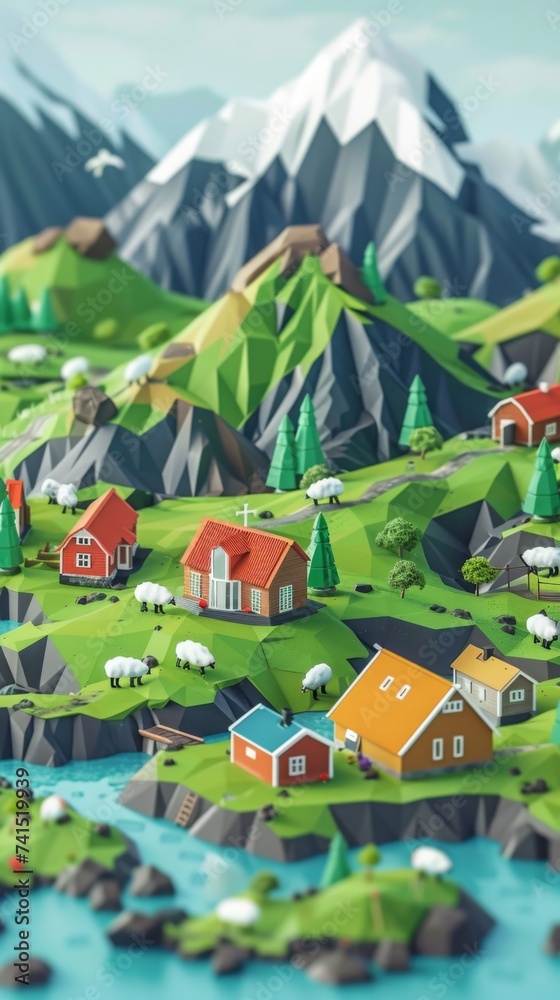 Scandinavian landscape, 3D isometric flat illustration, paper layered cut. Nordic architecture, sheep, snow-capped mountains, river, tranquility, Iceland, Norway, Denmark, Sweden, focused photo.
