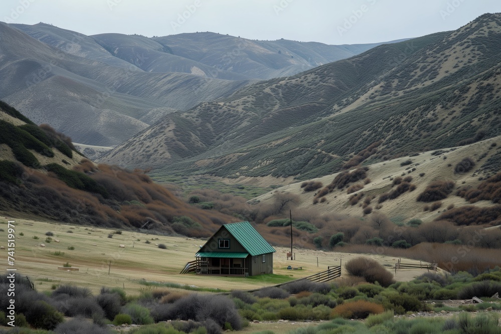 lone house with a green roof in a valley, hills around