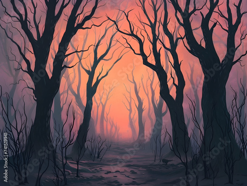 Mysterious Dark Forest Scene with Gnarled Trees and Moonlit Path - Eerie Digital Illustration, Concept of Mystery and Suspense in Nature