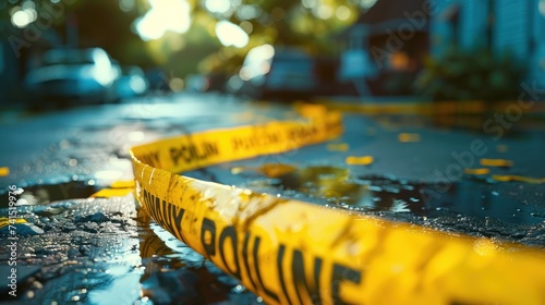 Police tape marks the boundary of a crime scene