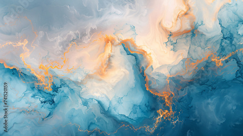 abstract watercolor painting with gold, orange and blue, in the style of ethereal cloudscapes, marble, dark white and light azure, fluid and loose, minimalist backgrounds, light sky-blue and dark beig