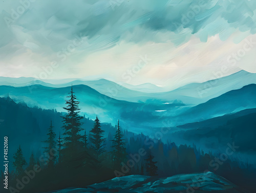 Tranquil Blue Mountain Landscape with Lush Dark Pine Trees - Serene Nature Artwork with Depth and Atmosphere, Perfect for Calm and Peace Concept