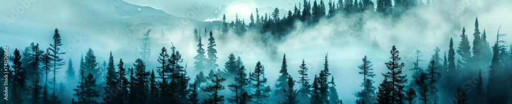 Panorama forest with morning foggy panoramic, panoramic mountains landscape, background, copy space - obrazy, fototapety, plakaty 