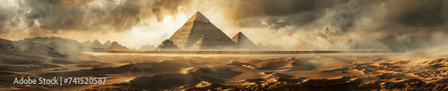 Panorama Egyptian pyramids, panoramic desert and pyramid landscape, background, copy space photo