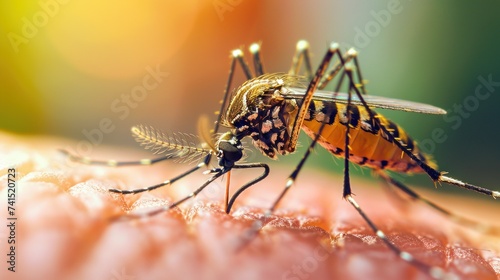 Close-up of a mosquito feeding on human skin