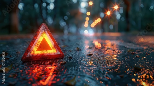 Roadside alert triangle foregrounds an open hood
