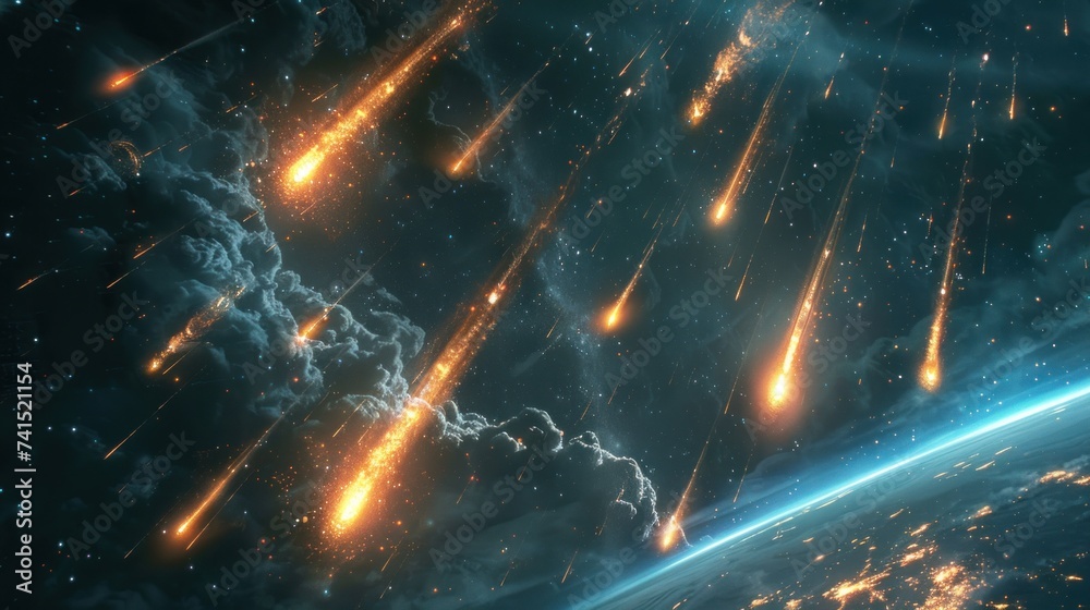 Meteors blaze towards Earth against the dark cosmos