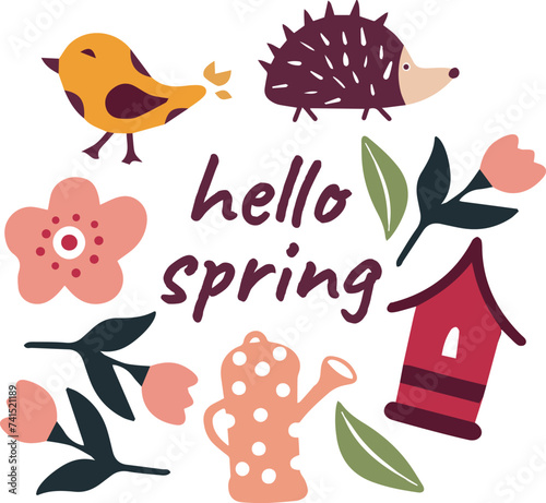 Vector doodle drawing on the theme of hello spring. Spring hand drawings flowers bird feeder plants. Vector spring design elements set.