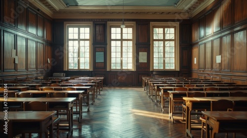Quiet study hall awaits with desks in neat rows
