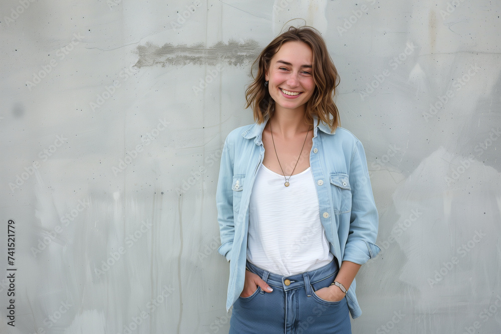 Relaxed Young Woman in Light Denim Outfit Smiling Confidently with Textured Grey Urban Wall in the Background Relaxed Young Woman in Light Denim Outfit Smiling Confidently with Textured Grey Urban Wall in the Background