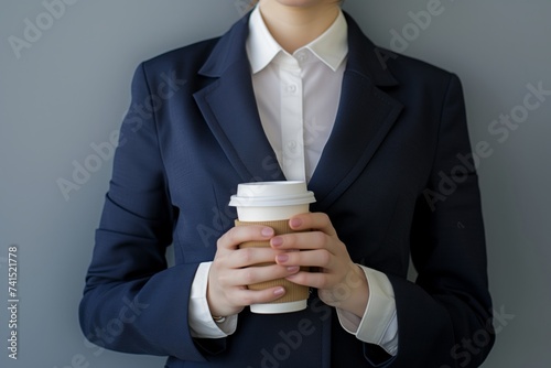 woman in business attire holding coffee cup