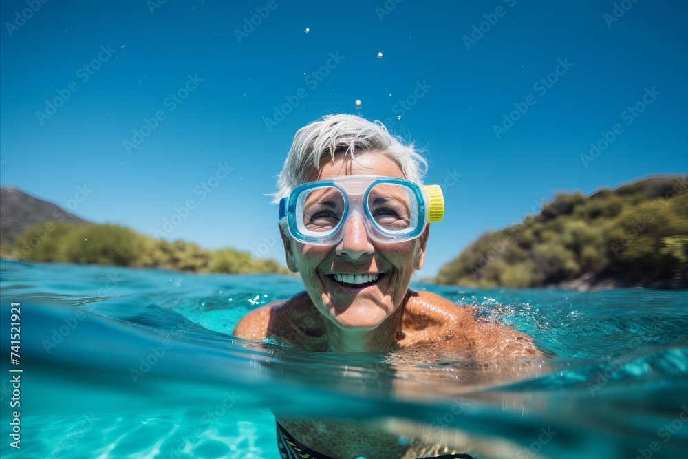 Senior woman in snorkeling mask swimming in the sea.