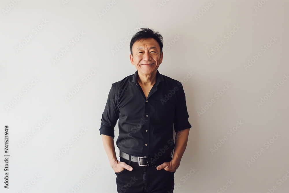 Obraz premium Confident Smile and Casual Style: A Portrait of an Affable Middle-Aged Man in a Relaxed Black Outfit