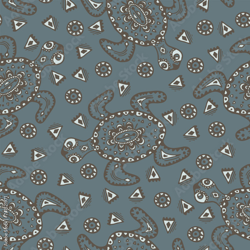 Seamless vector pattern with artistic turtle on grey background. Outline animal tribal wallpaper design. Decorative ethnic fashion textile.