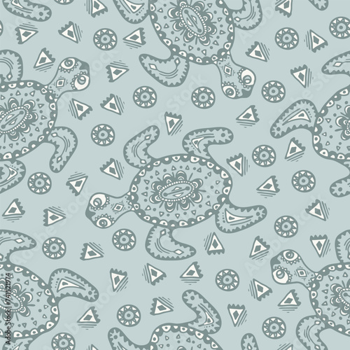 Seamless vector pattern with artistic turtle on blue background. Simple tribal tortoise wallpaper design. Decorative sea animal fashion textile.