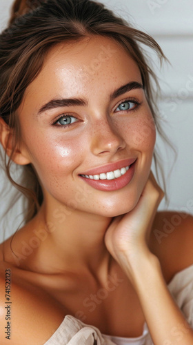 Happy pretty young european woman beauty of fashion model on background. Smiling girl with healthy pure skin and beautiful hair advertising skincare haircare or cosmetic product. Closeup face portrait