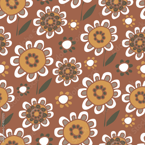 Seamless vector pattern with hand drawn sunflowers on brown background. Simple vintage floral wallpaper design. Decorative flower fashion textile.