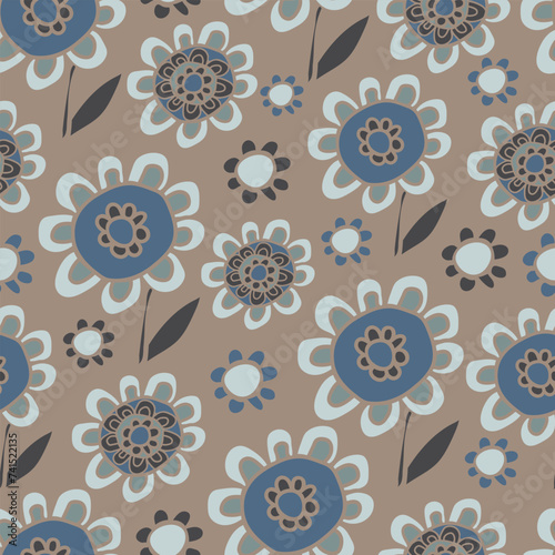Seamless vector pattern with hand drawn sunflowers on grey background. Simple artistic flower meadow wallpaper design. Decorative floral fashion textile.