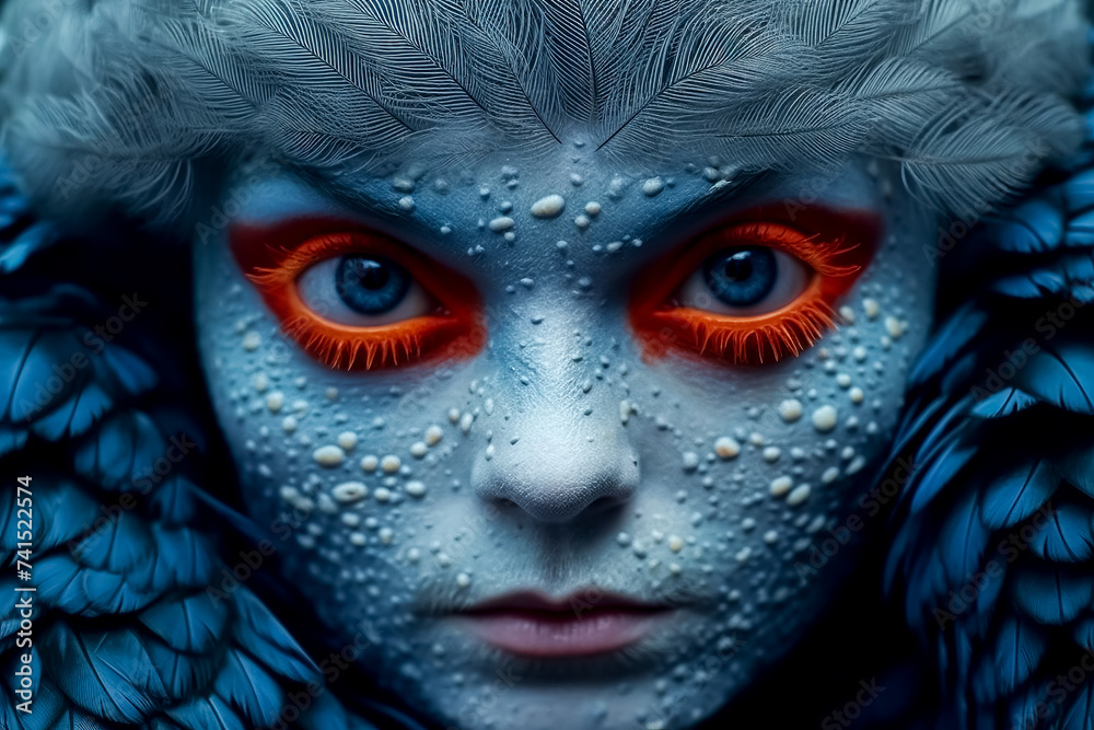 Close-up portrait with blue paint highlighting eye and eyelash