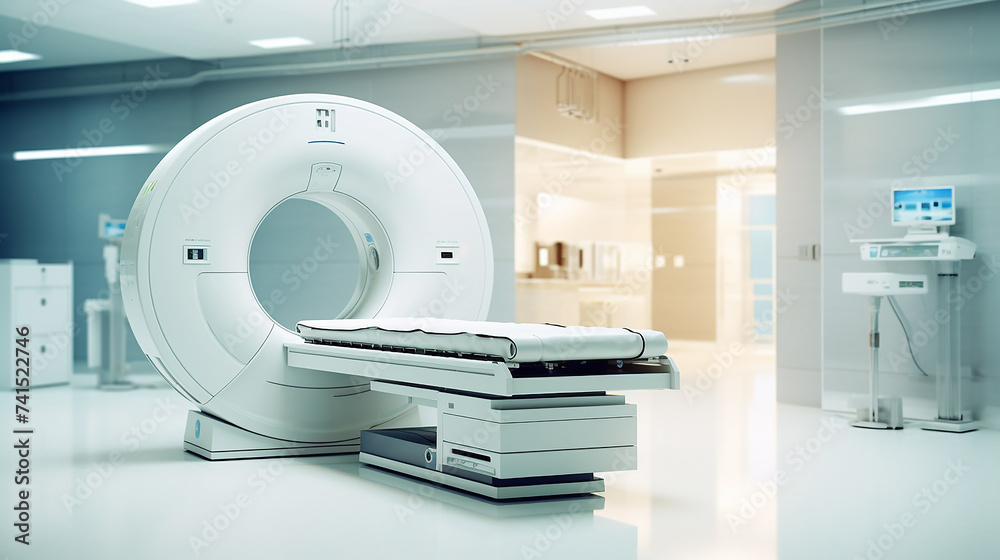 an MRI machine in the interior of a bright hospital. an MRI machine in the interior of a bright hospital.