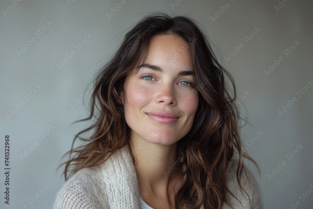 Happy attractive confident young adult or mid aged European woman posing for beauty aesthetic portrait. Beautiful lady smiling on background, attractive female model looking at camera. Close up face .